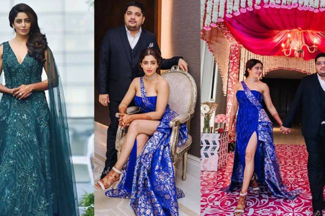 TV actress Nehha Pendse stuns in a thigh-high slit electric blue gown at her reception—See pics