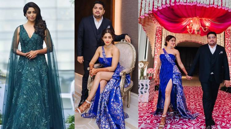 TV actress Nehha Pendse stuns in a thigh-high slit electric blue gown at her reception—See pics